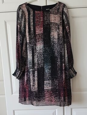 SLNY Black and Pink Abstract Print Long-Sleeve Shift Dress